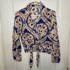 Christian Siriano New York Linen Tie Front Collared Button Down Blouse Top Large